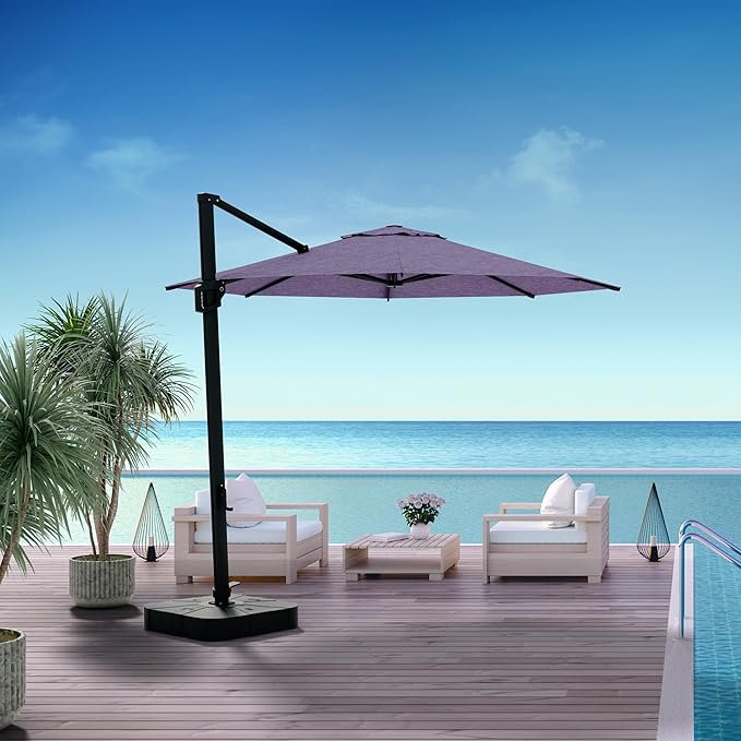 Midtown Umbrellas 10 Ft Outdoor Cantilever Patio Umbrella w/Terylast Purple Texture Fabric - Tilt 360° Offset Patio Umbrella, Deck Patio Umbrella, Backyard Umbrella & Garden Umbrella - Black Frame