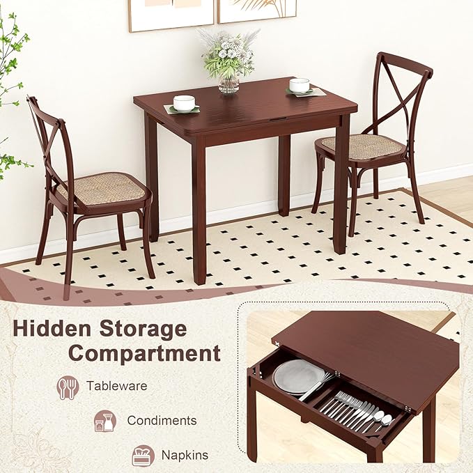 GOFLAME Extendable Dining Table for 4, Folding Kitchen Table with Storage Compartment & Rubber Wood Legs, Space-Saving Dinner Table for Living Room, Kitchen, Dining Room, Small Space, Cherry Brown