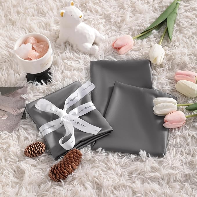 NTBAY Zippered Silk Satin Toddler Pillowcases - 2 Pack Hidden Zipper 13x18 Pillowcases - Luxury and Silky Baby Travel Pillow Covers, Dark Grey