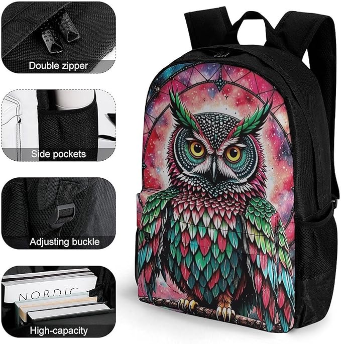 Supdreamc Rucksack Anti-Theft Multipurpose Large Capacity Carry On Bag, Green And Pink Owl Wind Chimes Space Galaxy Travel Hiking Bag Day Pack With Side Pockets