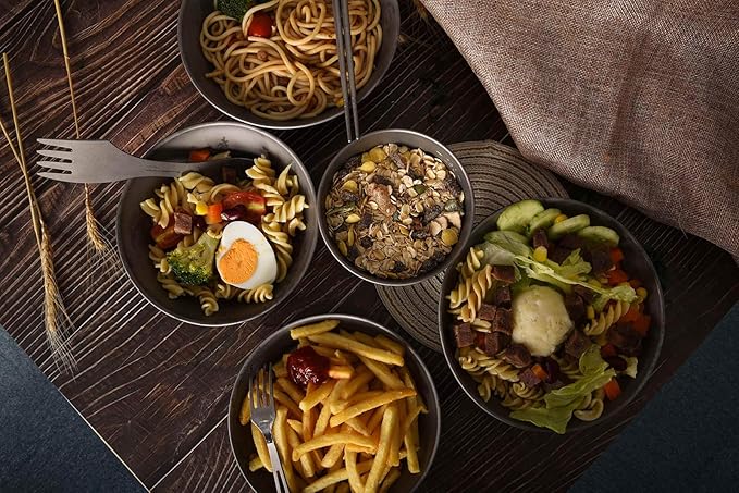 iBasingo Titanium Bowls Plates Set Single-Walled Rice Salad Mixing Bowls Dishes Ultralight Camping Dinnerware Outdoor Indoor Tableware Kitchen Utensils with Carry Bag Ti1110T