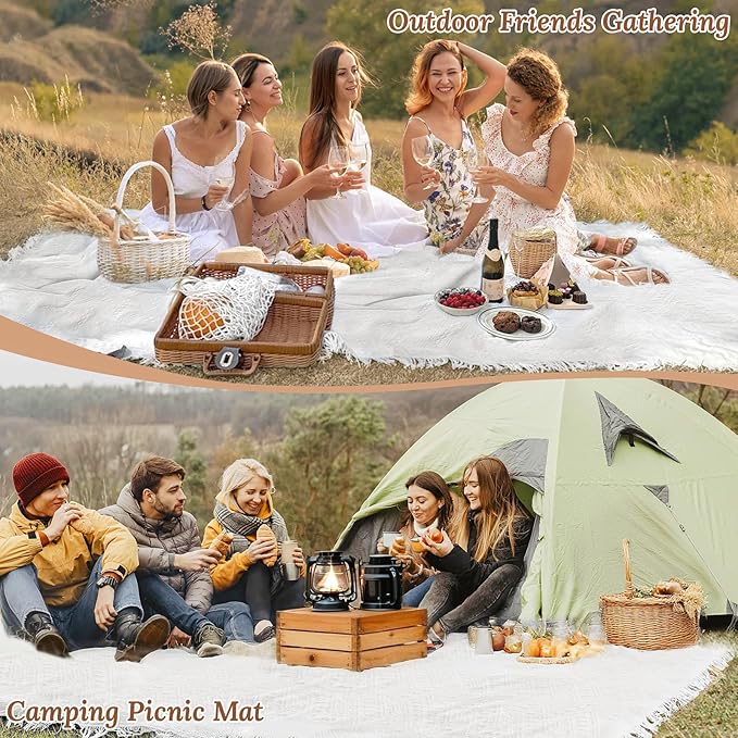 102 x 71 Extra Large White Outdoor Picnic Blanket, Woven Cotton Yarn Oversize Portable Blanket with Fringe for Camping, Beach, Lawn or Wedding. Indoor Bohemia Decorations, Machine Washable & Sandproof