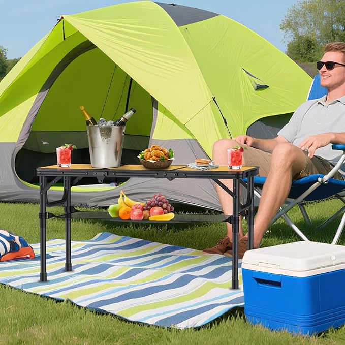 3ft Camping Table Foldable with Storage Net and Bag, 3 Adjustable Heights High 27.5" Aluminum Camping Table, Portable, for Outdoor Indoor Backyard BBQ Cooking Party Picnic Beach, Yellow