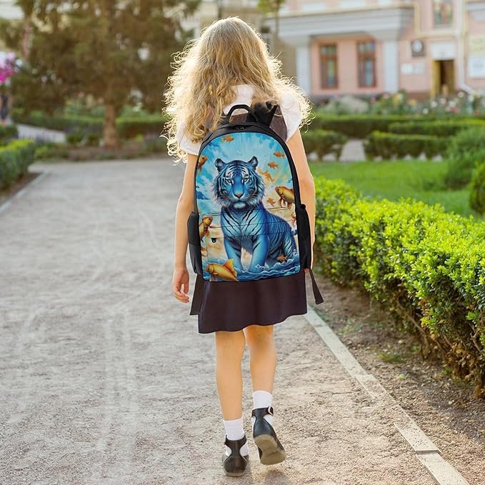 Daypack Backpack Anti-Theft Multipurpose Big Capacity Bookbag, Trippy Tiger Goldfish Business Computer Bag With Side Pockets