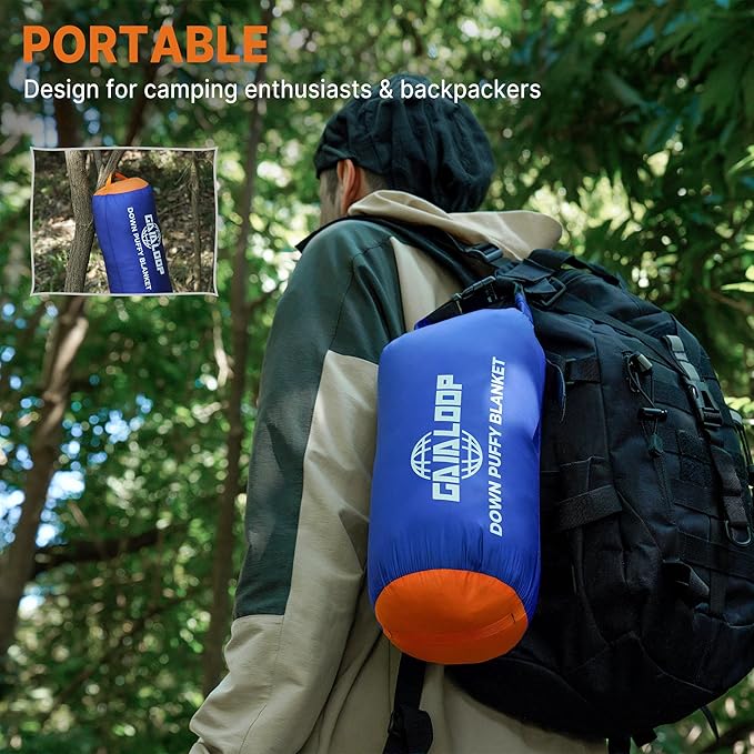 Down Puffy Blanket for 2 Person Car Camping Outdoor Travel Backpacking, 80% Duck Down & 20% Feather Lightweight Portable Soft Warm Cozy Camping Blanket Quilt, Lake Blue