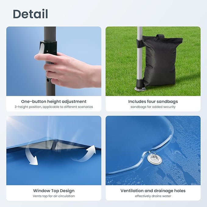 PHI VILLA Canopy Tent 10x10 Pop Up Canopy Outdoor Shade with Pockets Sidewall, Easy Up Sun Shelter with One Person Set Up Center Lock, Portable Instant Camping Beach Canopy Tents, Blue