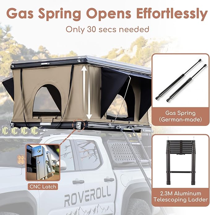 Rooftop Tent, Hardshell Roof Top for 2-4 Person, with Aluminum Telescopic Ladder, LED Strip Light