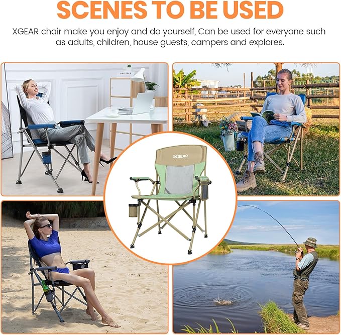 Camping Chair for Adults 350 LBS Support Camp Chair with Breathable Mesh Back Fabric with Arm Rest Cup Holder and Portable Carrying Bag