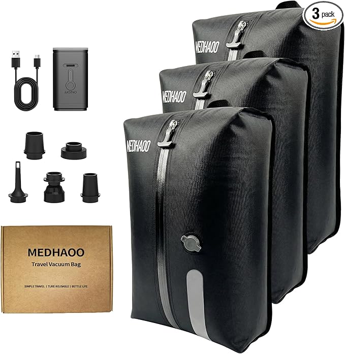 Vacuum Bags for Travel Luggage, Compression Bags with Pump for Carry-On Suitcase & Backpack, Vacuum Seal Packing cube for Cloth Packing(3-Pack, Pump Included)