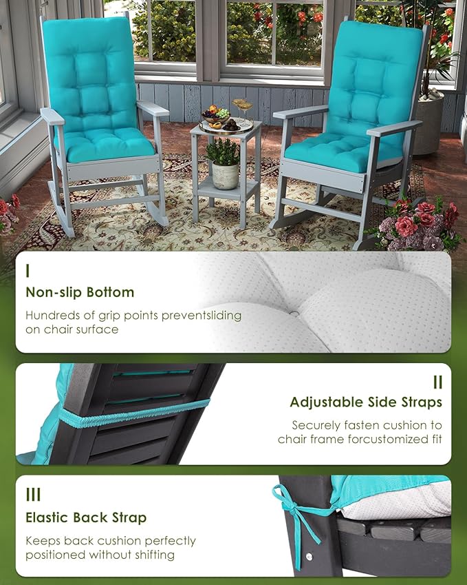 GREENVINES Rocking Chair Cushion | Polyester | Waterproof | Outdoor High Back Rocker Chairs Cushions | Seat with Ties | Non-Slip | Thickened Pad for Patio | 46.5" x 18.5" x 4.3" | Arctic