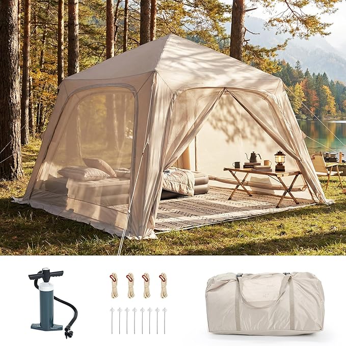 Inflatable Tents for Camping, Blow Up Tent with Hand Pump, Easy Setup Inflatable Hot Tent with Stove Jack, Waterproof Oxford Air Glamping Tents for Camping Adult 4 Person Upgrade Version