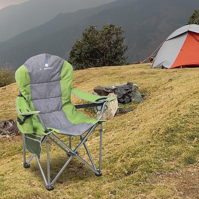 Northroad Oversized Portable Camping Chair, Full Padded Outdoor Folding Chair Support 350 LBS, Heavy Duty Lawn Chair with Cup Holder, Cooler Bag, Lumbar Support, Head Pocket for Adult (Green)