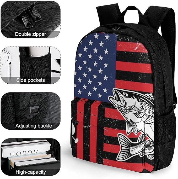 Shoulder Book Bags Polyester Multipurpose Anti-Theft American Bass Fishing Lure Flag Red Carry On Bag Large Capacity Travel Hiking Camping Rucksack