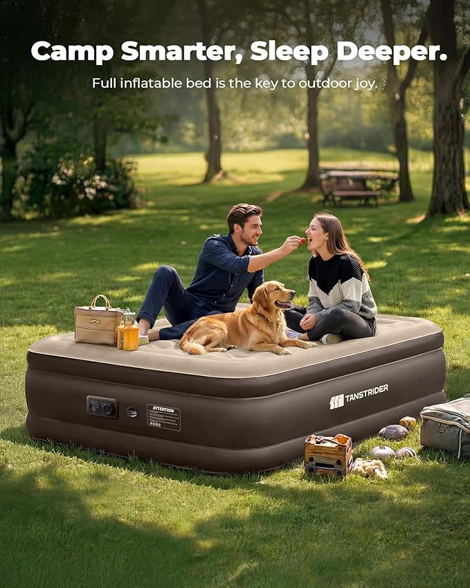 Air Mattress Full with Built in Pump,18'' Raised Blow Up Air Bed, 3 Mins Quick Self-Inflation/Deflation Inflatable Bed for Guests & Home, Outdoor Camping, 600lbs Max（Light Brown）