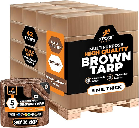 Multipurpose Protective Cover Brown Poly Tarp 30' x 40' - Bulk Half Pallet (42 Pack) Durable, Water Resistant, Weather Resistant - 5 Mil Thick Polyethylene - by Xpose Safety