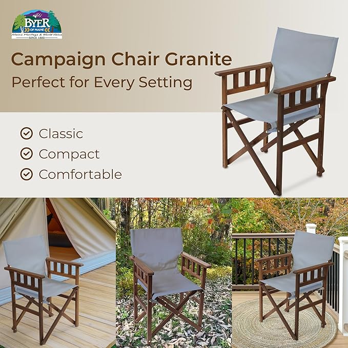 BYER OF MAINE Pangean Campaign Chair, Portable Hardwood Folding Chair with Heavy-Duty Canvas Seat Material. Ideal Patio, Deck & Camping Seat 20″D × 23″W × 36″H, 250 lbs Capacity, Granite