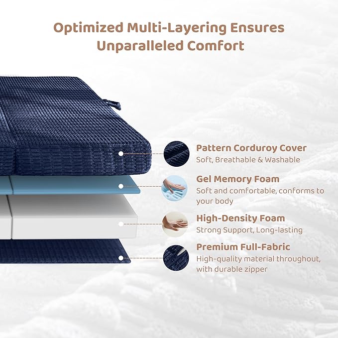 BYBYME Memory Foam Tri-Folding Mattress, 6 Inch Gel Folding Mattress Topper, Foldable Soft Guest Bed Camping Pad, with Washable Cover