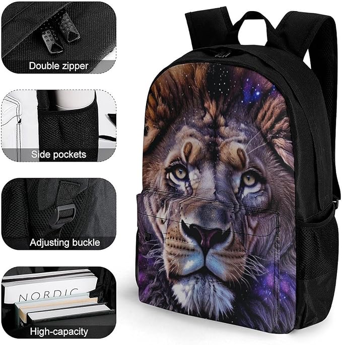 Polyester Daypack for Camping Travel Walking Cycling, Big Capacity Anti-Theft Multipurpose Bookbag, Lion Starry Night Moon Scenery Camping Outdoor Backpack