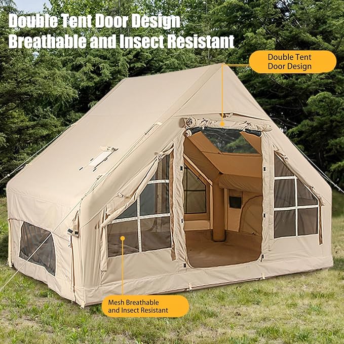 Inflatable Camping Tents with Hand Pump, Air Glamping Tents, Easy Setup Waterproof and Windproof Blow up Tent, 4 Seasons Oxford Cabin Tent with Mesh & Chimney Window.