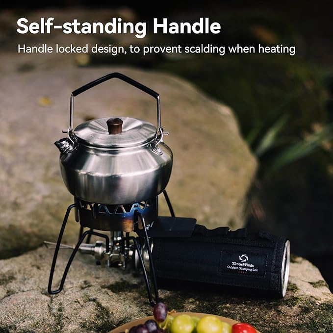 Thous Winds 0.6 Liter Lightweight Stainless Steel Camping Kettle Portable Camp Tea Pot, Outdoor Campfire Use, Retro Silver