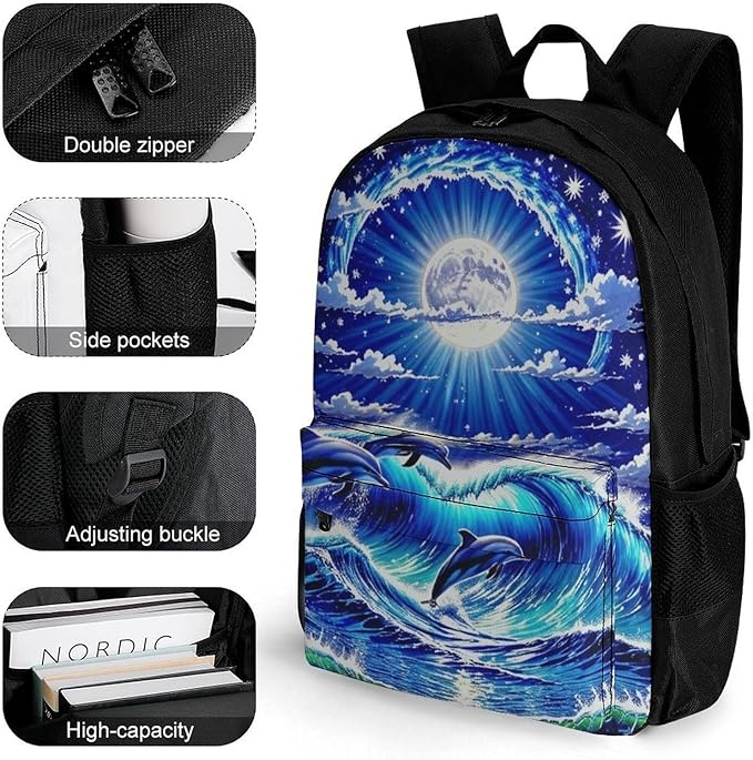 Supdreamc Lightweight Rucksacks for Climbing Outdoors Walking Cycling, Large Capacity Anti-Theft Multipurpose Carry On Bag, Dolphin Blue Great Water Of Waves Sea Moon Camping Outdoor Backpack