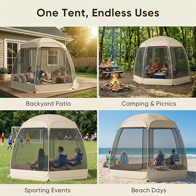 TABU Pop Up Screen House Tent, 10x10 FT Screen Room Canopy with Mosquito Mesh, Instant UV Resistant Shelter with Carry Bag, for 6-8 Person, Beige