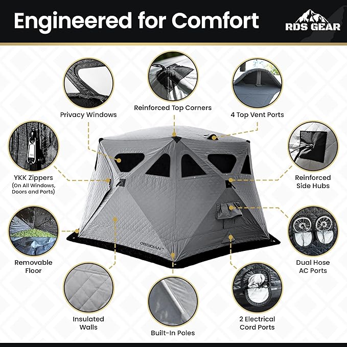 Obsidian - Heavy Duty 4 Season Camping Shelter, 6-8 Person Capacity, Instant Pop-Up Tent, Insulated and A/C Ready, Removable Floor for Easy Cleaning or Ice Fishing