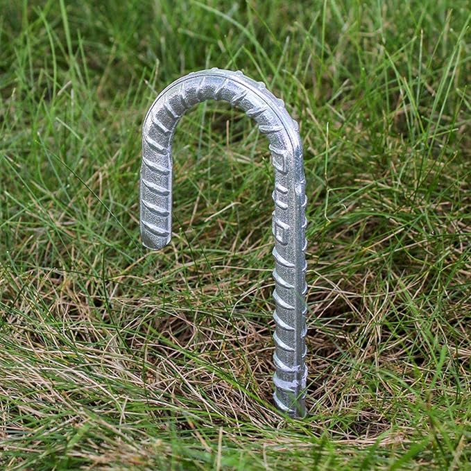 14 Pack 16 Inch Silver Galvanized Rebar U Hook Stakes, Heavy Duty Curved U Hook Ground Anchors, Rebar Tent Fence Stakes with Chisel Point End