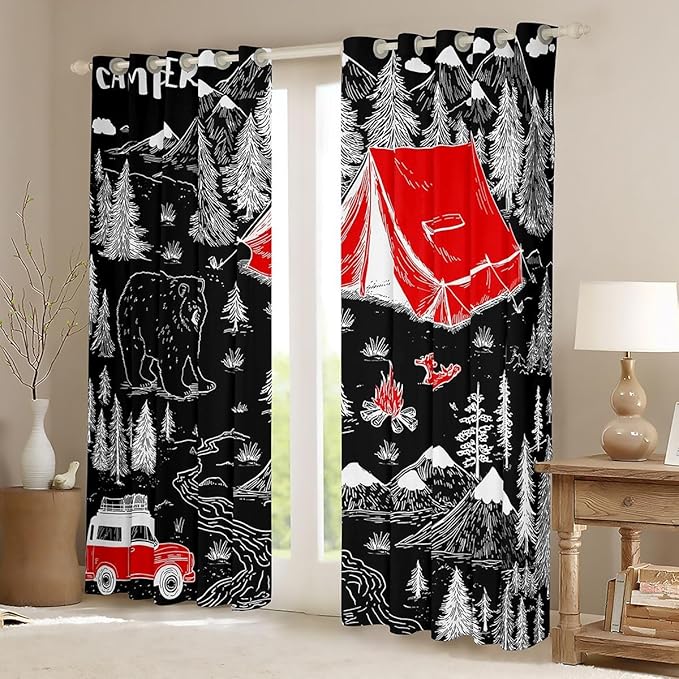 Feelyou Black Camper Camping Blackout Curtains Rustic Farmhouse Bear Darkening Drapes for Bedroom Living Room Decor Camping Theme Thermal Insulated Shades Window Treatments, 2 Panels 38 x 45 Inch