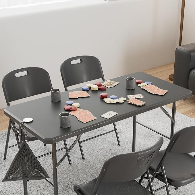 VECELO Folding Table 4 Foot with Mesh Bag, Indoor Outdoor Heavy-Duty Portable w/Handle,Fold-in-Half for Picnic, Party, Camping, Matte Black