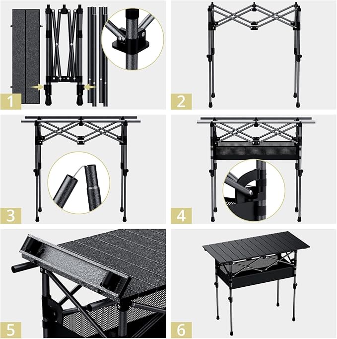 3ft Roll Top Camping Table, 2 Adjustable Heights Aluminum Folding Camping Table with Storage Net and Bag, Waterproof, Lightweight Outdoor Table 32.2” x 16”, for Travel BBQ Party Picnic, Black