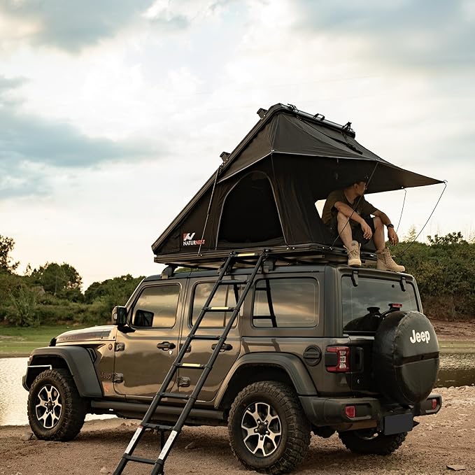 Naturnest Hardshell Rooftop Tent with 2 Luggage Racks, Car Roof Top Tent with AC Inlets, 3-Color LED Lights and Internal USB Plug for Vans, Jeeps, SUVs and Trucks, 2-3 Person