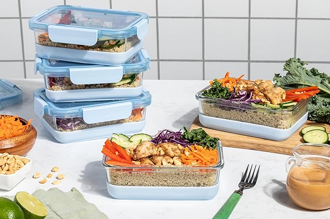 Ello Duraglass 3.4 Cup Meal Prep Sets 10Pc,Set-Glass Food Storage Container with Silicone Boot and Airtight BPA-Free Plastic Lids,Dishwasher,Microwave,and Freezer Safe,Halogen Blue,5 Count (Pack of 2)