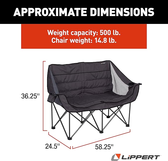 Lippert Campfire Folding Loveseat with 500-lb. Weight Capacity, Carry Bag, Durable Mesh Fabrics, High-Loft Cushioning, Storage Pocket, Dual Cupholders, Stemmed Wine Glass Holder (Grey) - 2021000206