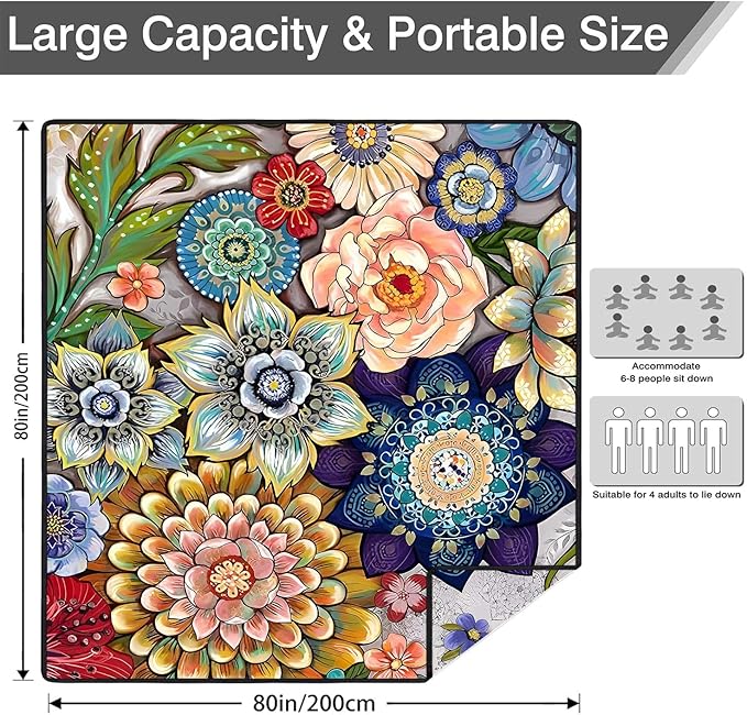 Waterproof Picnic Blankets Foldable & Portable 80''x80'' Boho Picnic Mat for Outdoors, Large Washable Picnic Blanket for Travel Camping Beach, Park Grass Picnic Blanket Accessories for Adults