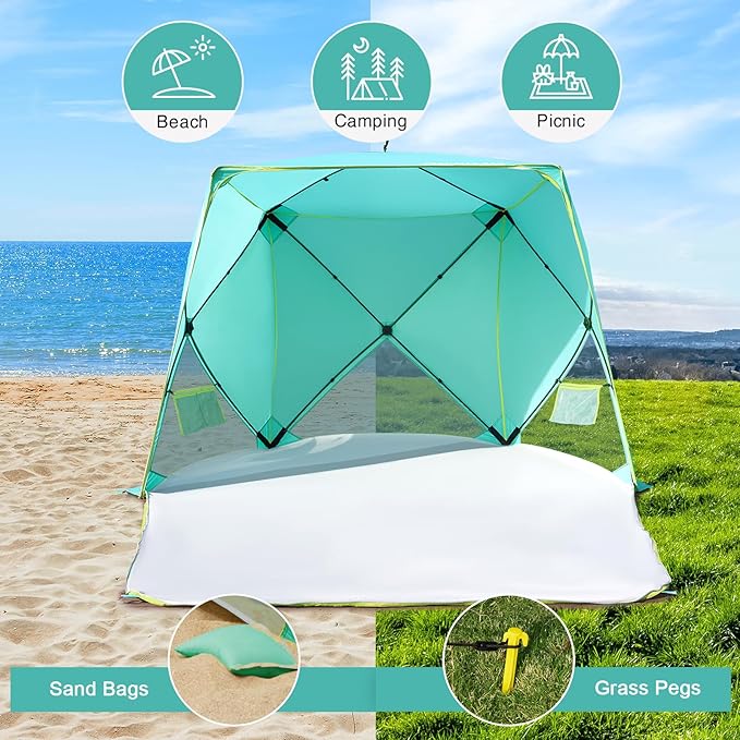 Old Bahama Bay Pop Up Beach Tent, Portable Shade Sun Shelter UPF50+ UV Protection for 4 Person Extendable Floor for Fishing Hiking Camping, Waterproof Windproof（Mint Green