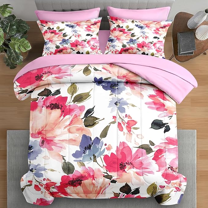 Comforter Set Full Size, Flower Floral Leaf 7 Pcs Bedding for Kids and Adults, Painting Summer Spring Bed Sheet Sets with Fitted Sheet 2 Pillowcases & 2 Shams for Bedroom Bed Decor