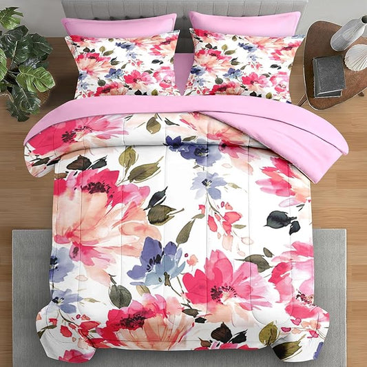 Comforter Set Full Size, Flower Floral Leaf 7 Pcs Bedding for Kids and Adults, Painting Summer Spring Bed Sheet Sets with Fitted Sheet 2 Pillowcases & 2 Shams for Bedroom Bed Decor