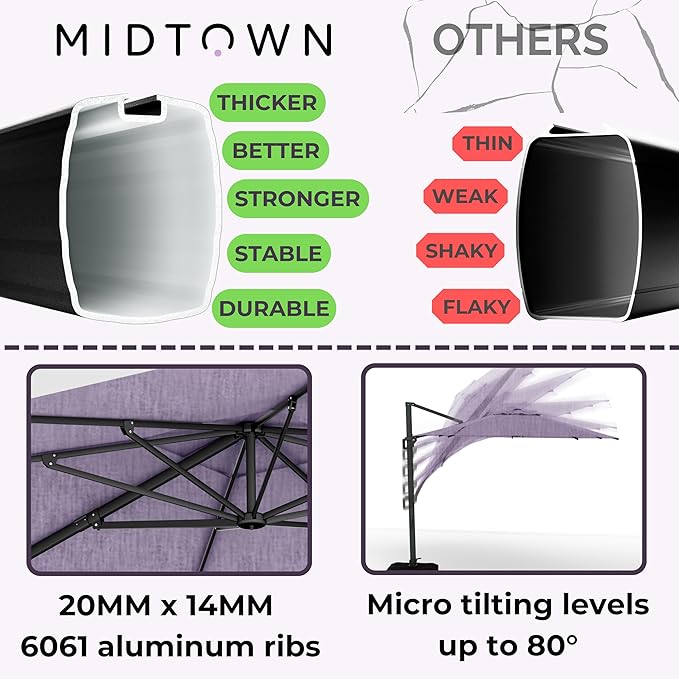 Midtown Umbrellas 10 Ft Outdoor Cantilever Patio Umbrella w/Terylast Purple Texture Fabric - Tilt 360° Offset Patio Umbrella, Deck Patio Umbrella, Backyard Umbrella & Garden Umbrella - Black Frame