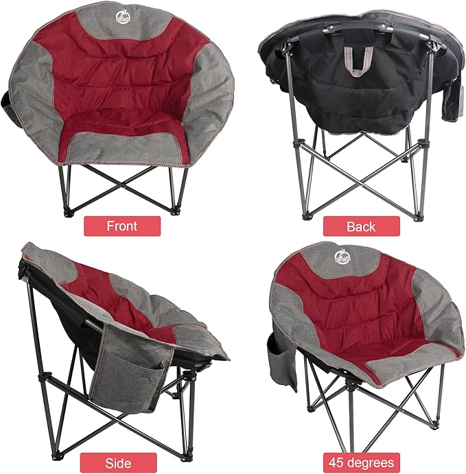Northroad Folding Compact Camping Moon Chair, Outdoor Padded Saucer Round Chair w/Cup Holder Supports up to 300 lbs for Beach Hiking Fishing Picnic Lawn,Red