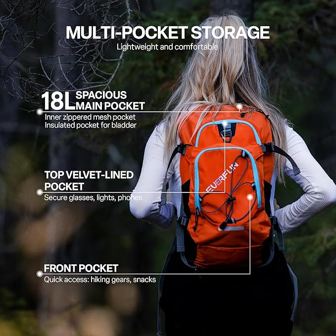 Everfun Hydration Backpack 18L with Water Bladder 2L/3L Hiking Water Backpack Women Men Hydration Pack Insulated Lightweight Day Hydropack with Storage for Hiking, Biking, Running, Festival