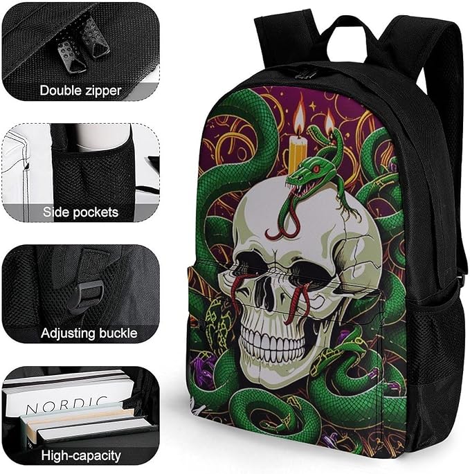Supdreamc Women Men Polyester Medusa Skull Green Snake Art Casual Daypack Large Capacity Bookbag With Side Pockets for Sports Picnic Walking Cycling