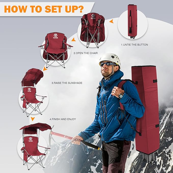 Elevon Camping Chair, Oversized Folding Chair with Canopy, Portable Outdoor Chair with Arms, Cup Holder and Carry Bag for Camping, Fishing, Beach, and Sports, Red