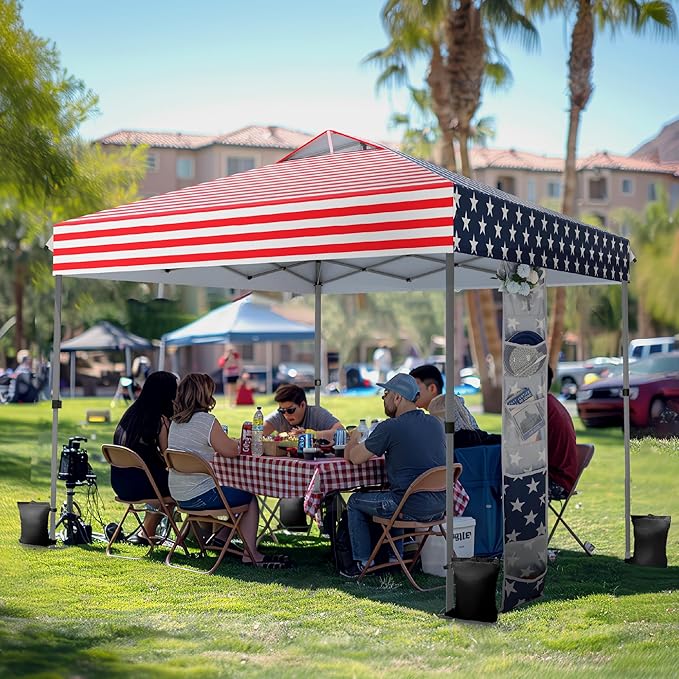 PHI VILLA 10’x10’ Pop Up Canopy Tent - One Push Setup, Instant Shade Tent with Vented Roof for Beach & Events - Includes Storage Bag, Sandbags, Stakes & Ropes (American Flag)