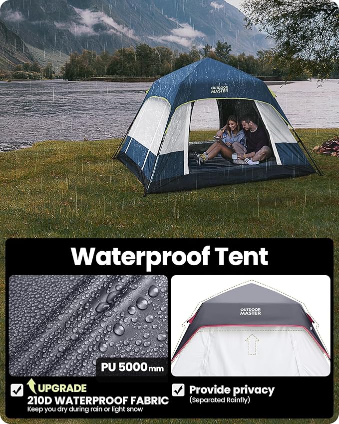 OutdoorMaster Updated Camping Tents, 4/6 Person Camping Tent with Blackout Shelter Technology, Easy Setup in 60 Seconds, Weatherproof Pop Up Tent with Top Rainfly, Instant Cabin Tent
