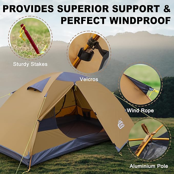 2 Person Backpacking Tent, Waterproof Windproof Two Person Tent, Lightweight Easy Setup 2 Man Tent for Camping Hiking Cycling