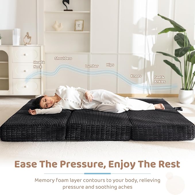 BYBYME Memory Foam Tri-Folding Mattress, 6 Inch Gel Folding Mattress Topper, Foldable Soft Guest Bed Camping Pad, with Washable Cover