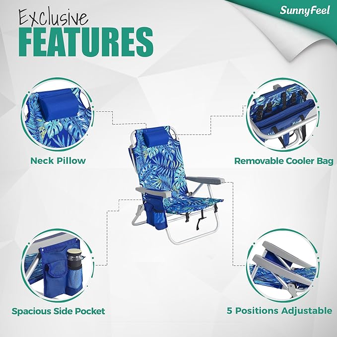 SUNNYFEEL Beach Chairs for Adults 2 Pack 5 Position Lay Flat, Portable Folding Backpack Beach Chair Heavy Duty with Cooler Bag, Cup Holder for Outdoor/Lawn/Picnic/Sand, Foldable Camping Chair