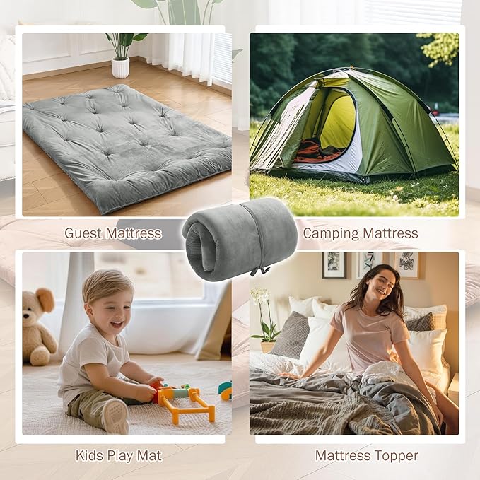 Japanese Floor Futon Mattress Full Size 54"x 80", 2.5'' Thick Foldable Roll Up Floor Bed Sleeping Pad, Foam Filled Tatami Mat with Straps for Guest Room, Dormitory & Camping, Grey