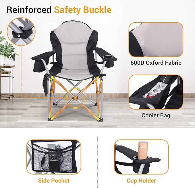 Camping Chair, Folding Chair, Outdoor Heated Chairs, Heated Camping Chairs, Adjustable Chair Back with 12V 10000mAh Battery, Carry Bag, Cooler Bag, Cup Holder and Zippered Holder (Set of 2)